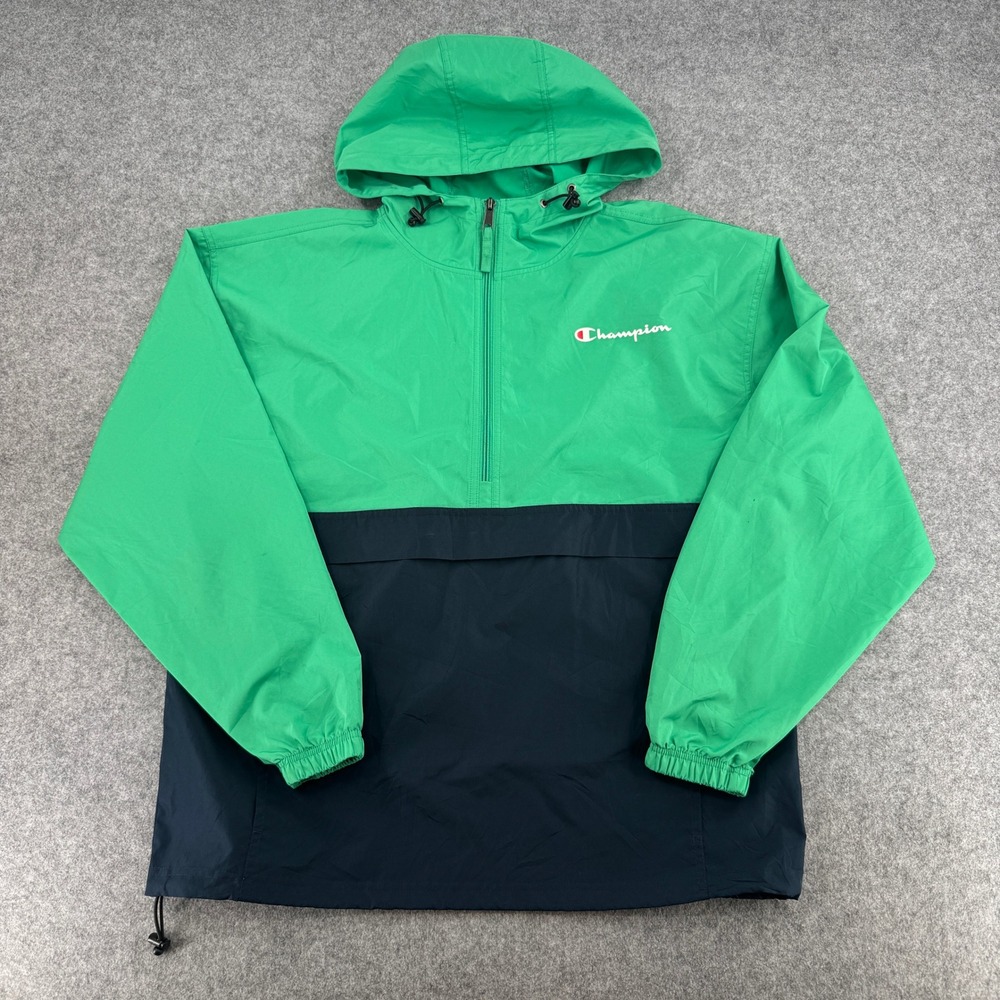 Champion Windbreaker Mens L Green Navy Blue Colorblock 1/4 Zip EUC